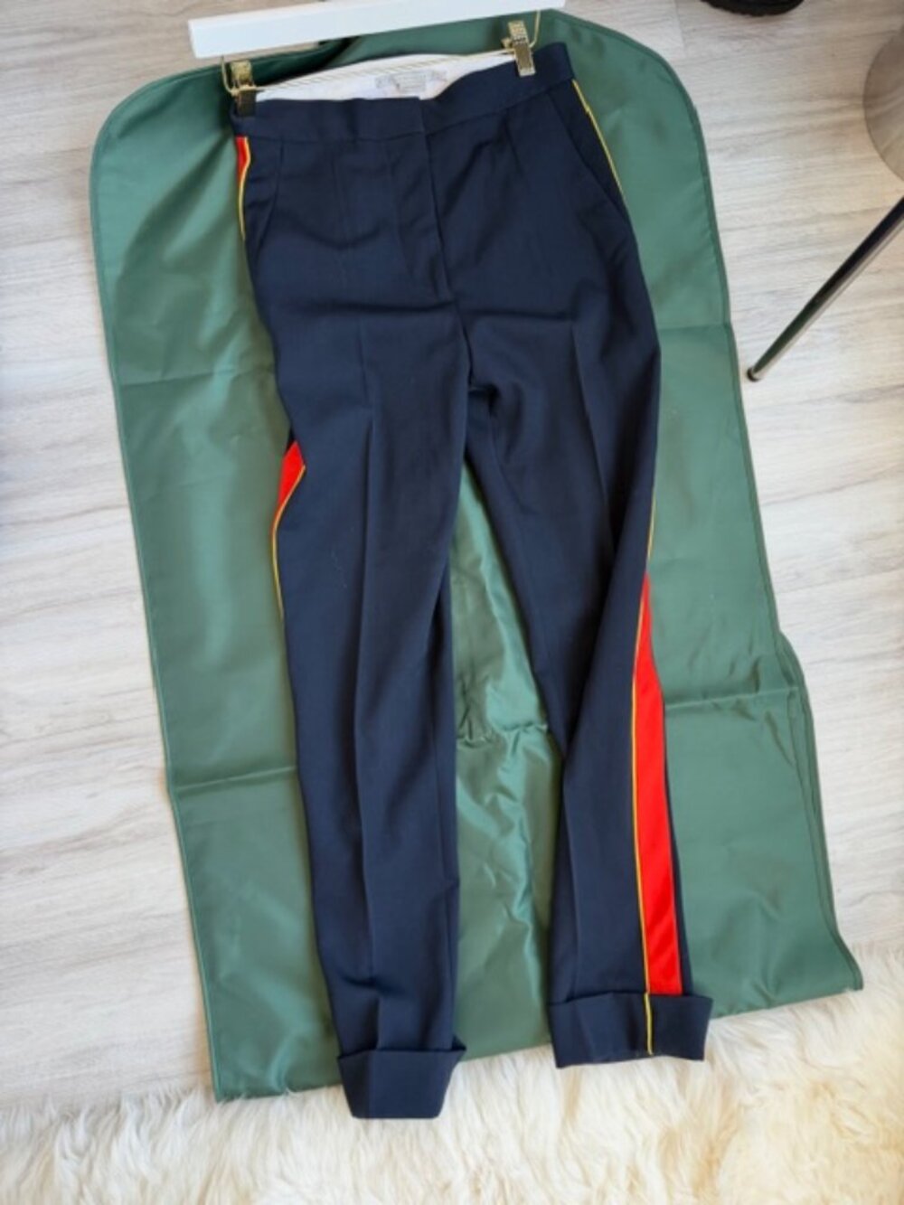 Stella McCartney, 100% Lana wool, navy blue pants with orange side strip size 36